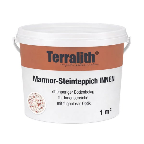 Terralith Marmor-Steinteppich für den Innenbereich im weißen Kunststoffeimer, Reichweite für 1 Quadratmeter.