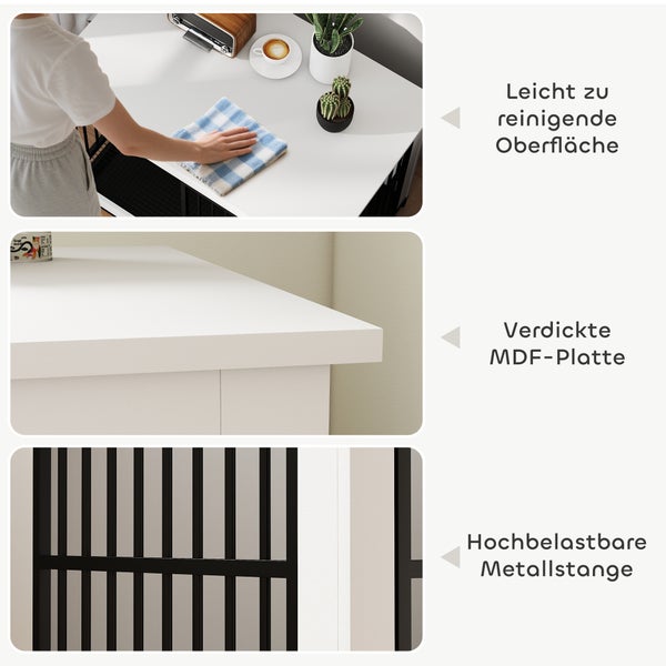 Detailansichten eines Möbels mit leicht zu reinigender Oberfläche, verdickter MDF-Platte und hochbelastbaren Metallstangen.