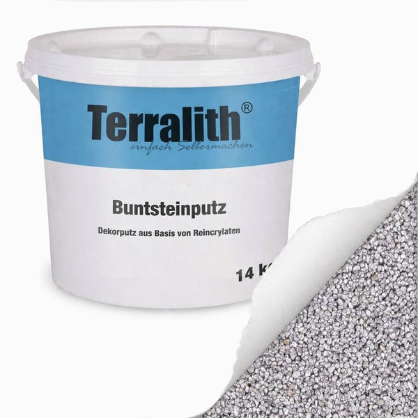 Terralith Buntsteinputz Dekorputz auf Reinacrylatbasis im 14 Kilogramm Eimer mit Beispiel der Oberflächenstruktur.