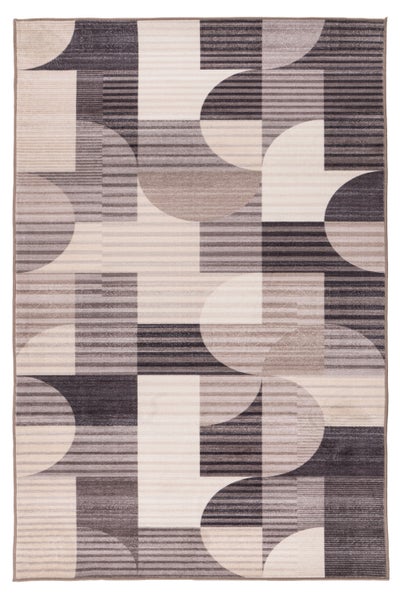 Moderner Teppich mit geometrischem Muster aus Halbkreisen und Streifen in verschiedenen Abstufungen.