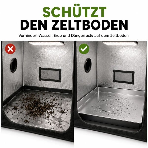 Vergleichsbild einer Growbox mit und ohne Bodenwanne zum Schutz vor Wasser, Erde und Dünger.