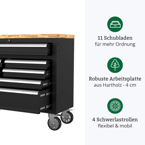 Werkbank mit 11 Schubladen, robuster 4 Zentimeter Hartholz Arbeitsplatte und 4 beweglichen Schwerlastrollen.