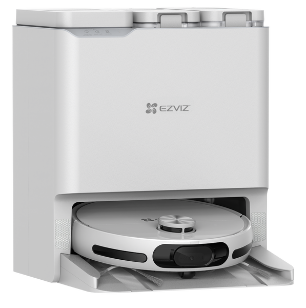 EZVIZ Saug- und Wischroboter mit multifunktionaler Reinigungsstation und Wassertanks.