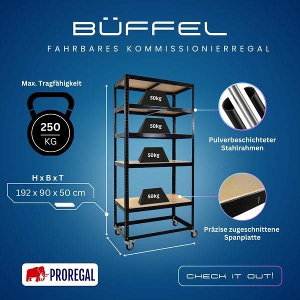 Fahrbares Regal BÜFFEL von PROREGAL Logo, Tragkraft 250 Kilogramm, 192 mal 90 mal 50 Zentimeter, Stahlrahmen pulverbeschichtet, Spanplatten.