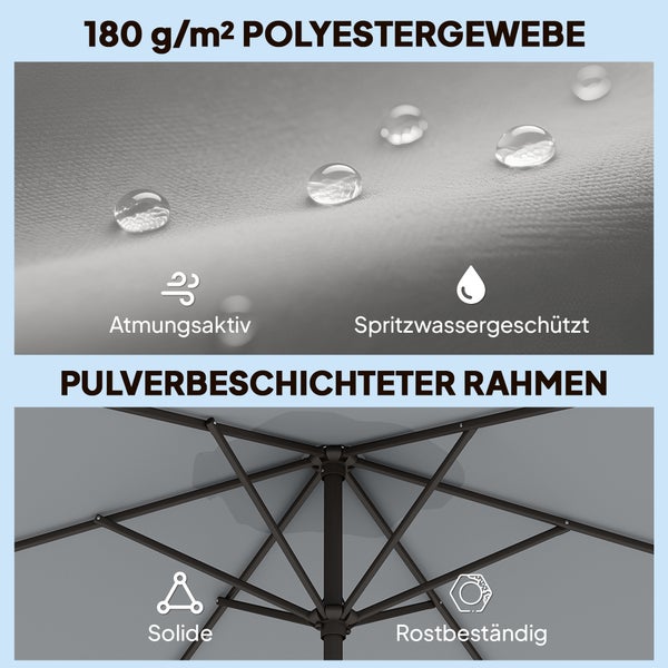 Grauer Sonnenschirm mit Kurbel und achteckiger Bespannung.