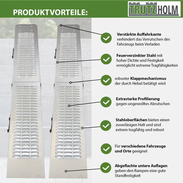 Zwei klappbare Aluminium Auffahrrampen mit Produktvorteile Beschreibungen und TrutzHolm Logo