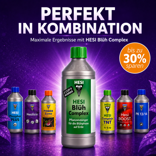 Werbebild für Hesi Pflanzendünger mit Hesi Blüh Complex als Hauptprodukt und weiteren Hesi Düngern in einer Reihe angeordnet.