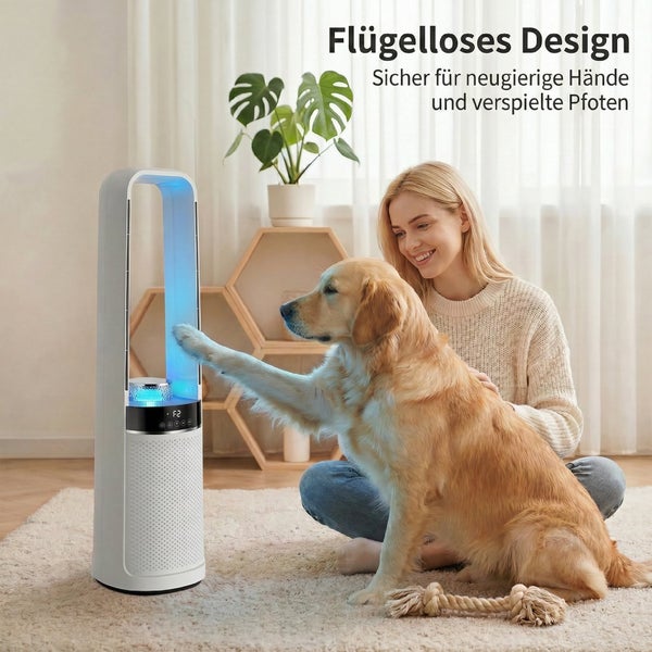 Wohnszene mit Frau, Hund und flügellosem Turmventilator. Sicherer Betrieb ohne Rotorblätter für neugierige Hände und Haustiere.