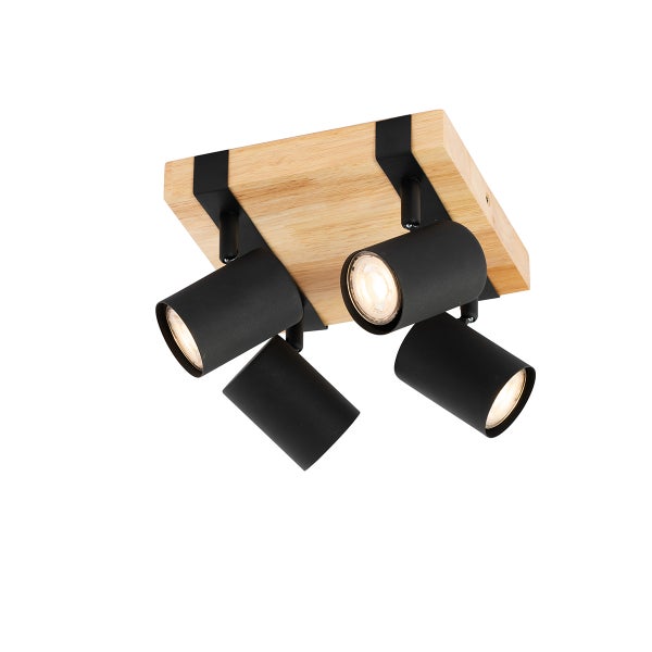 Vierflammiger Deckenstrahler aus Holz und Metall in quadratischer Form