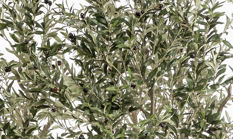 Künstlicher Olivenbaum mit strukturiertem Stamm, grünen Blättern und dunklen Oliven.