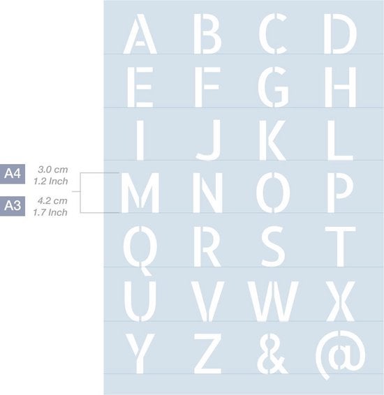 QBIX Buchstabenvorlage Modernes komplettes Alphabet A3 Größe Kunststoff - Höhe Buchstaben 4cm