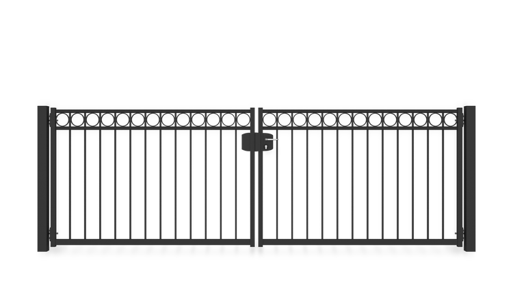 Gartentor ZAUNGURU BASIC-Line Oldenburg Kreis aus Metall, Höhe: 123cm, Breite: 388cm, 2-flügelig inkl. Pfosten, Schloss und Zubehör, Feuerverzinkt und zusätzlich in RAL 7016 Anthrazitgrau pulverbeschichtet