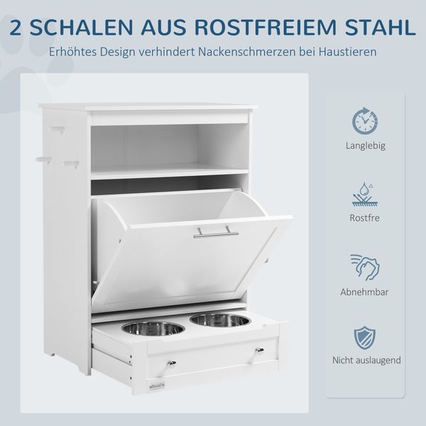PawHut Haustier-Futterschrank mit 2 Edelstahlnäpfen, 3 Haken, Tierfutterschrank mit Lagerschrank, offenem Fach & Kipptür, Hundefutterstation für Hunde, 61 x 35,5 x 82 cm, Weiß