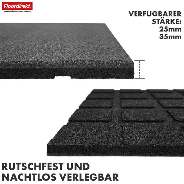 Detailansicht einer rutschfesten, geräuschlosen Gummigranulatmatte mit einer Dicke von 25 Millimeter oder 35 Millimeter.
