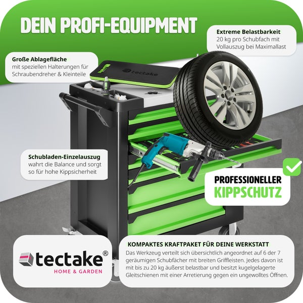 Werkzeugwagen tectake  bestückt, 1599-teilig, 7 kugelgelagerte Schubladen Rollen Ø 124 mm, Inklusive Kniebrett