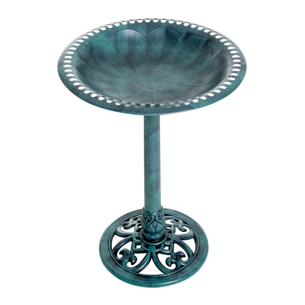 Vogeltränke aus Kunststoff in Metalloptik mit verziertem Standfuß und flacher Schale, Grün.