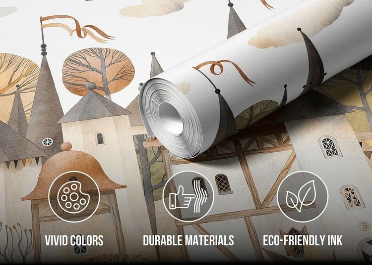 Tapetenrolle mit Burgmotiv, lebendige Farben, strapazierfähige Materialien und umweltfreundliche Tinte.