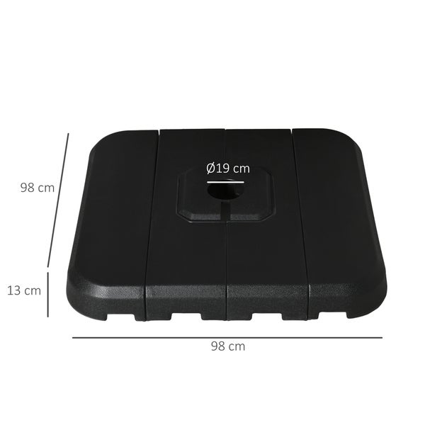 Quadratischer Sonnenschirmständer mit den Maßen 98 x 98 x 13 cm und einer Öffnung von 19 cm Durchmesser.