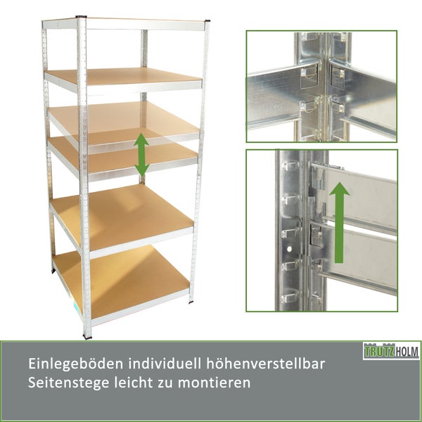 Verzinktes Stahlgestell mit gefalteten Kanten und 40 Millimeter Lochabstand. TrutzHolm Logo.