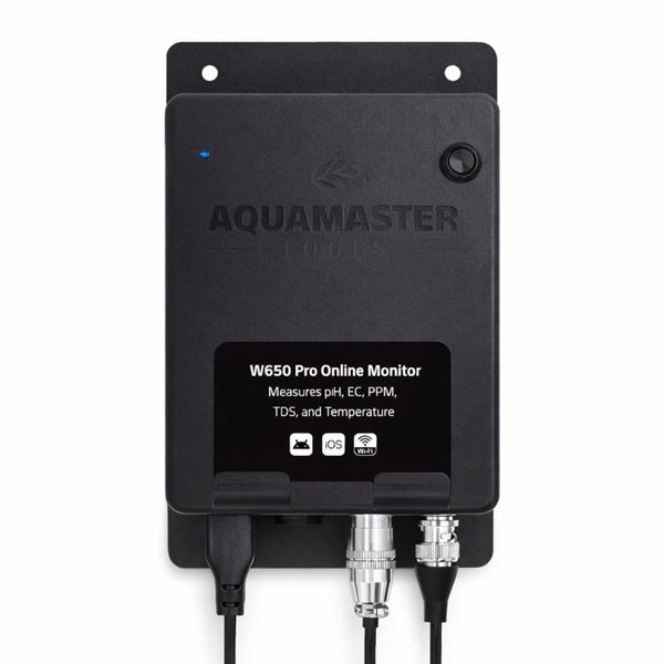 Schwarzer Aqua Master Tools W650 Pro Online Monitor zur Messung von pH-Wert, Leitfähigkeit, PPM, TDS und Temperatur mit Wi-Fi und Smartphone App.
