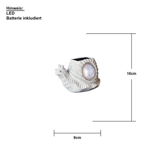 Dekorative Schneckenleuchte mit LED und Batterie, Abmessungen 16 cm Höhe und 9 cm Breite.