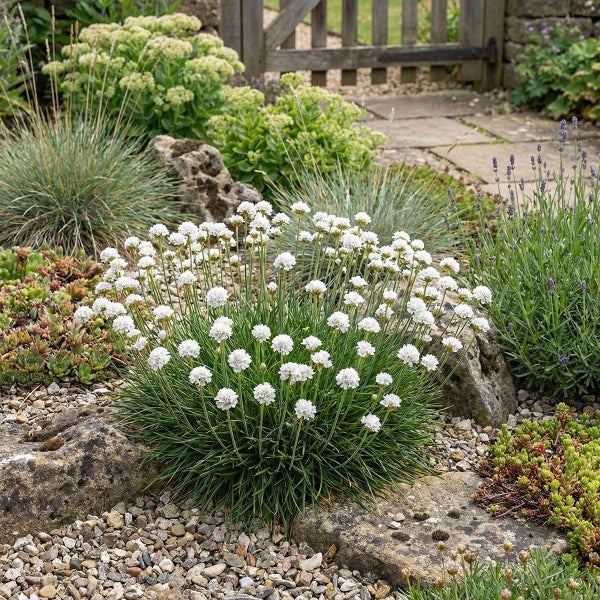 Weiß blühende Grasnelke Armeria maritima im Steingarten mit Steinen, Lavendel und anderen Pflanzen, hölzernes Gartentor im Hintergrund.