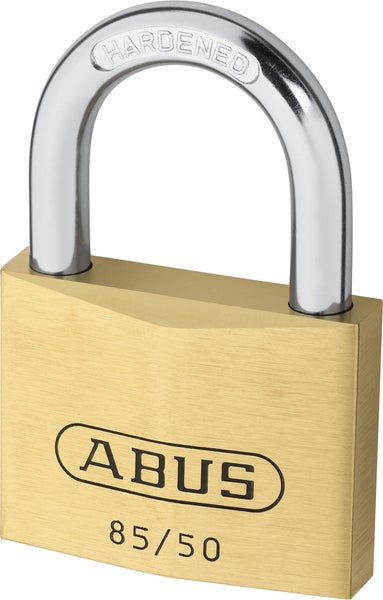 ABUS Vorhängeschloss 85/50 aus Messing mit gehärtetem Stahlbügel und ABUS Logo.