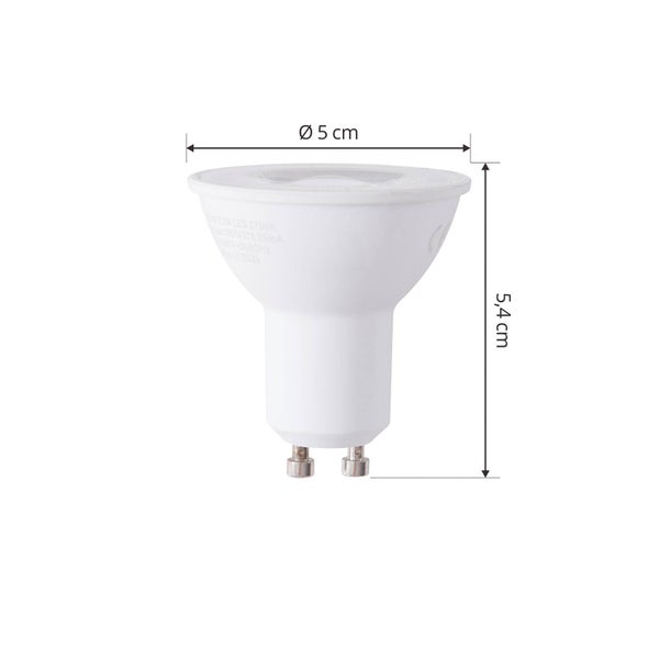 GU10 LED-Leuchtmittel mit Maßangaben: Durchmesser 5 Zentimeter und Höhe 5,4 Zentimeter.