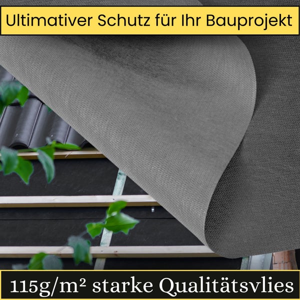 Qualitätsvlies mit 115 Gramm pro Quadratmeter für Bauprojekte auf einer Dachkonstruktion mit Holzlatten und Dachziegeln.