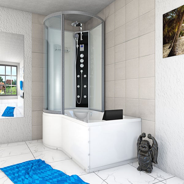 Kombinierte Dusch-Badewanne mit runder Glasduschkabine, Massagepaneel, Regenduschkopf und schwarzer Kopfstütze in einem hellen Badezimmer.