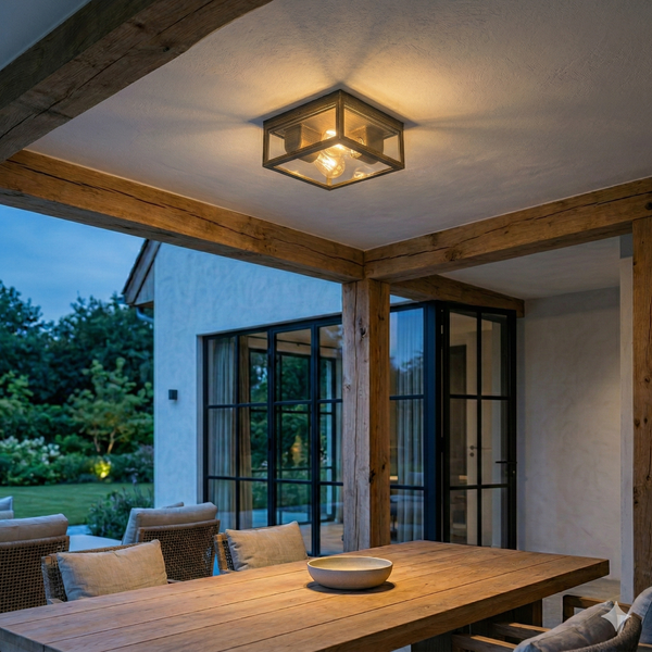 Quadratische Außen-Deckenleuchte mit Metallrahmen und Glaspaneelen, montiert an einer Holzterrassendecke über einem Esstisch bei Dämmerung.