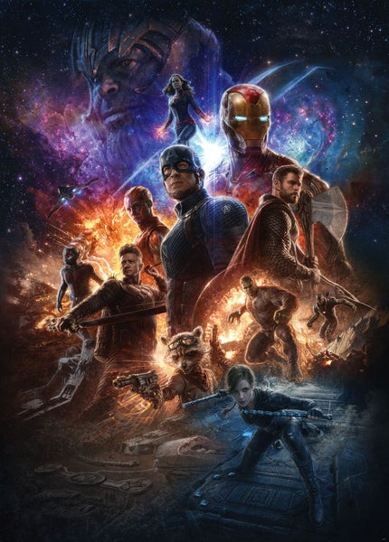 Avengers Filmplakat mit verschiedenen Superhelden und dem Bösewicht Thanos im Hintergrund