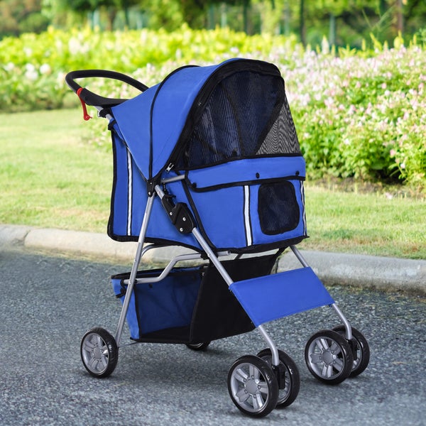 PawHut Hundewagen, klappbar Hundebuggy für kleine Hunde und Katzen bis 10kg, Katzenbuggy mit Netzfenstern Getränkehalter, Haustierwagen Oxford, Blau