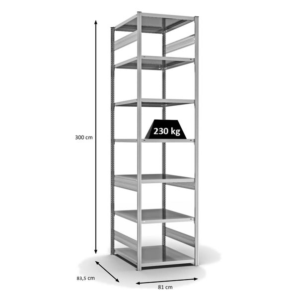 PROREGAL Fachbodenregal Stecksystem T-Profil Medium-Duty Grundregal HxBxT 300 x 75 x 80 cm 7 Ebenen Fachlast 230 kg Beidseitig Nutzbar Verzinkt