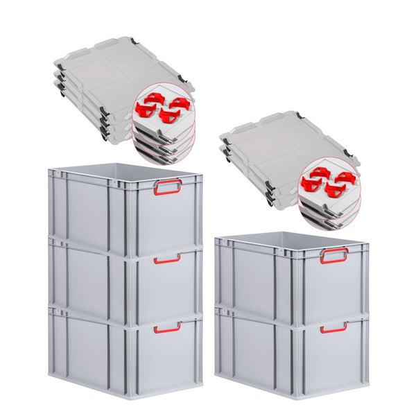 PROREGAL Spar Set 5x Eurobox Nextgen Color Mit Auflagedeckel & Schiebeschnappverschlüsse HxBxT 32 x 40 x 60 cm Griffe Rot Verstärkter Boden