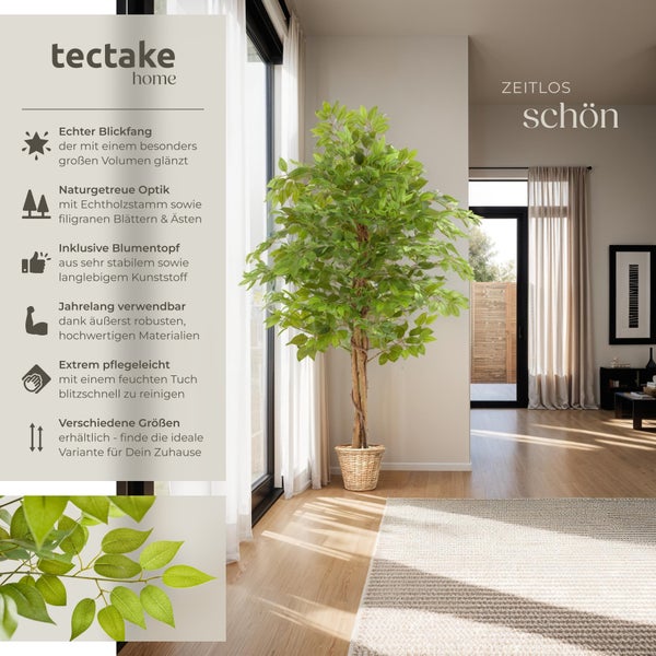 Künstlicher Ficusbaum tectake Fida stabiler Kunststoff-Blumentopf verschiedene Größen grün