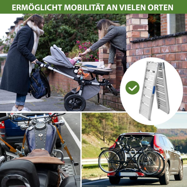 Klappbare Auffahrschiene aus Aluminium im Einsatz für Kinderwagen auf Stufen, Motorradverladung und Fahrradtransport am Auto.