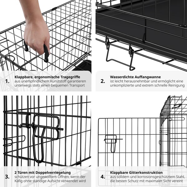 Detailansichten einer Transportbox für Haustiere: klappbare Tragegriffe, wasserdichte Auffangwanne, Türen mit Doppelverriegelung und klappbare Gitterkonstruktion.
