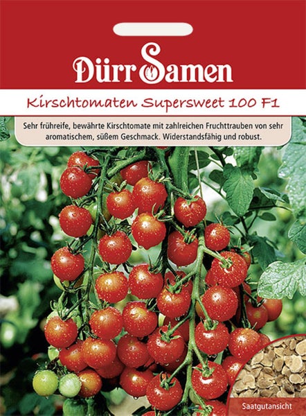 Samentüte von Dürr Samen für Kirschtomaten Supersweet 100 F1 mit einer Rispe reifer roter Kirschtomaten und einer Saatgutansicht.