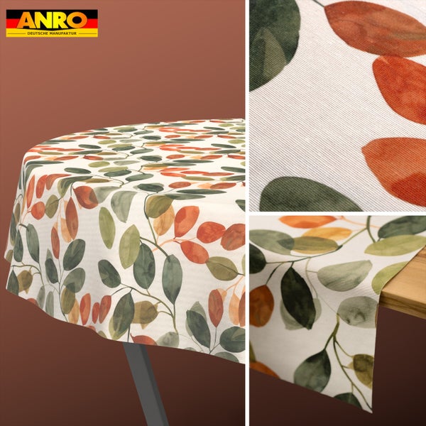 ANRO Logo, Tischdecke mit Blättermuster, textile Oberfläche in runder und eckiger Ausführung.