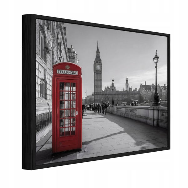 Wandbild mit Motiv einer roten Telefonzelle und dem Big Ben in London in einem schwarzen Rahmen in perspektivischer Ansicht