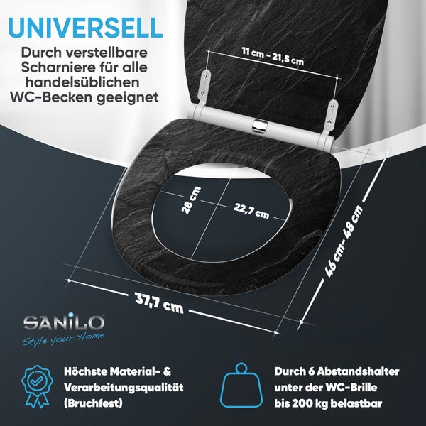 Sanilo WC Sitz mit Steinoptik Oberfläche, verstellbaren Scharnieren und Bemaßungen für die Montage auf handelsüblichen Toilettenbecken.