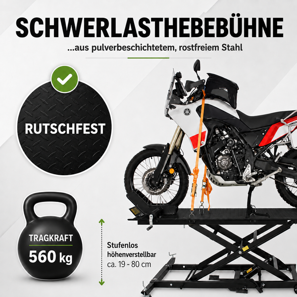 Schwerlast-Motorrad-Hebebühne aus Edelstahl, Tragkraft 560 Kilogramm, höhenverstellbar circa 19 bis 80 Zentimeter, rutschfest.
