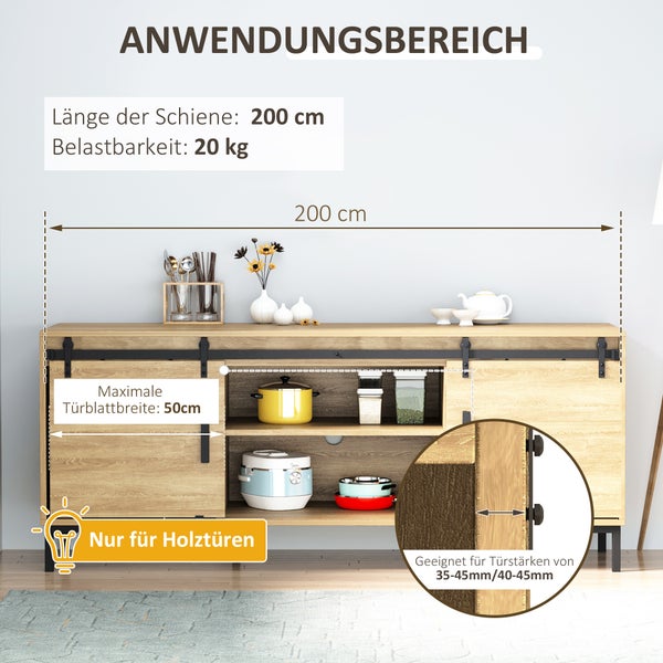 HOMCOM Schiebetürsystem Laufschiene Schiebetürbeschlag für doppelte Holztüren Zubehör Kohlenstoffstahl Schwarz 200 x 0,6 x 18 cm