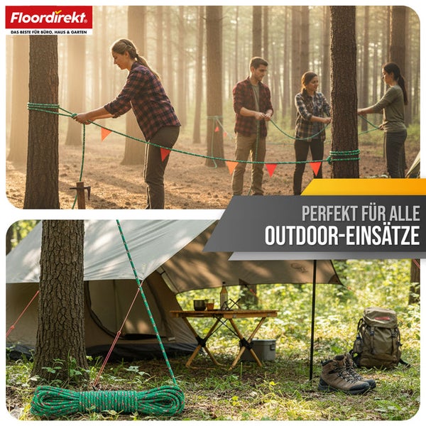 Szene im Freien mit Personen, die eine grüne Seilspannvorrichtung zwischen Bäumen aufbauen und Campingausrüstung wie Zelt, Tisch, Rucksack und Schuhe verwenden. Floordirekt Logo.