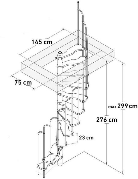 Raumansicht mit Wendeltreppe mit Holzstufen und Metallgeländer