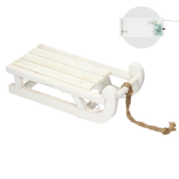 ECD Germany Deko Schlitten aus Holz mit 25 Warmweißen LEDs, 31,5x14,5x10,5 cm, Weiß, Batterriebetrieben, Timer 6 Std., inkl. Schnur, Weihnachtsdeko Weihnachten Dekoration Dekoschlitten Holzschlitten