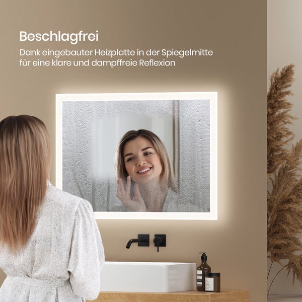 EMKE Badspiegel mit LED-Beleuchtung 70 x 50 cm, beschlagfrei, rostfreier Spiegel, Warmweiß/Kaltweiß, seitlicher Kippschalter, mattierter Rand, IP44, für Bad