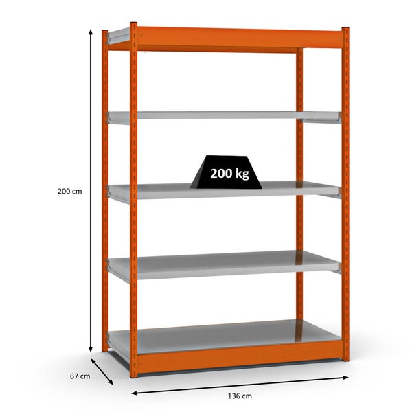 PROREGAL Fachbodenregal Stecksystem Vierkant-Profil Grundregal HxBxT 200 x 132,5 x 60 cm 5 Ebenen Einseitige Bauart Fachlast 200 kg Orange