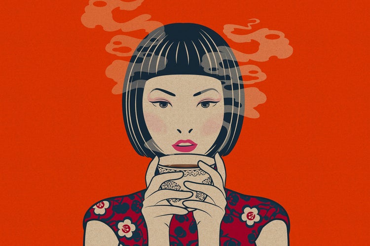Illustration einer Frau, die eine Tasse Tee hält